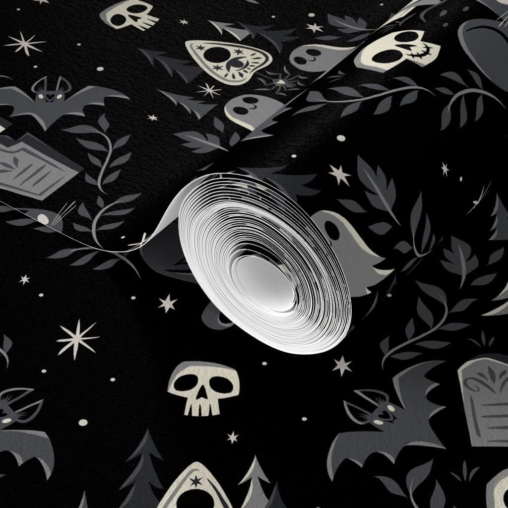 Spoonflower Commercial Grade Wallpaper 27ft x 2ft - Cute Ghosts Spooky Halloween Black Cat Fall Ghost Zombie October Traditional Wallpaper