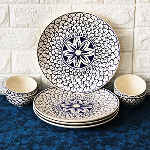 THEARTISANEMPORIUM Mermaid Tales Hand-Painted Ceramic Dinner Set of 4 Dinner Plates and 4 Katori Serving Bowls (8 Piece, Serving for 4, White and Indigo, Microwave Safe)