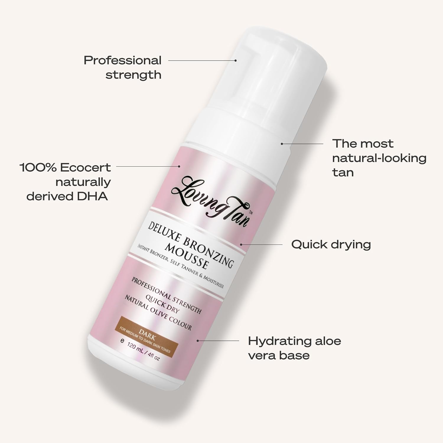 Loving Tan 8 HR Deluxe Self Tanning Mousse, Dark -Streak Free, Professional Quality Sunless Tanning -Up to 5 Self Tanner Applications per Bottle, Naturally Derived DHA - 4 Fl Oz - Packaging May Vary