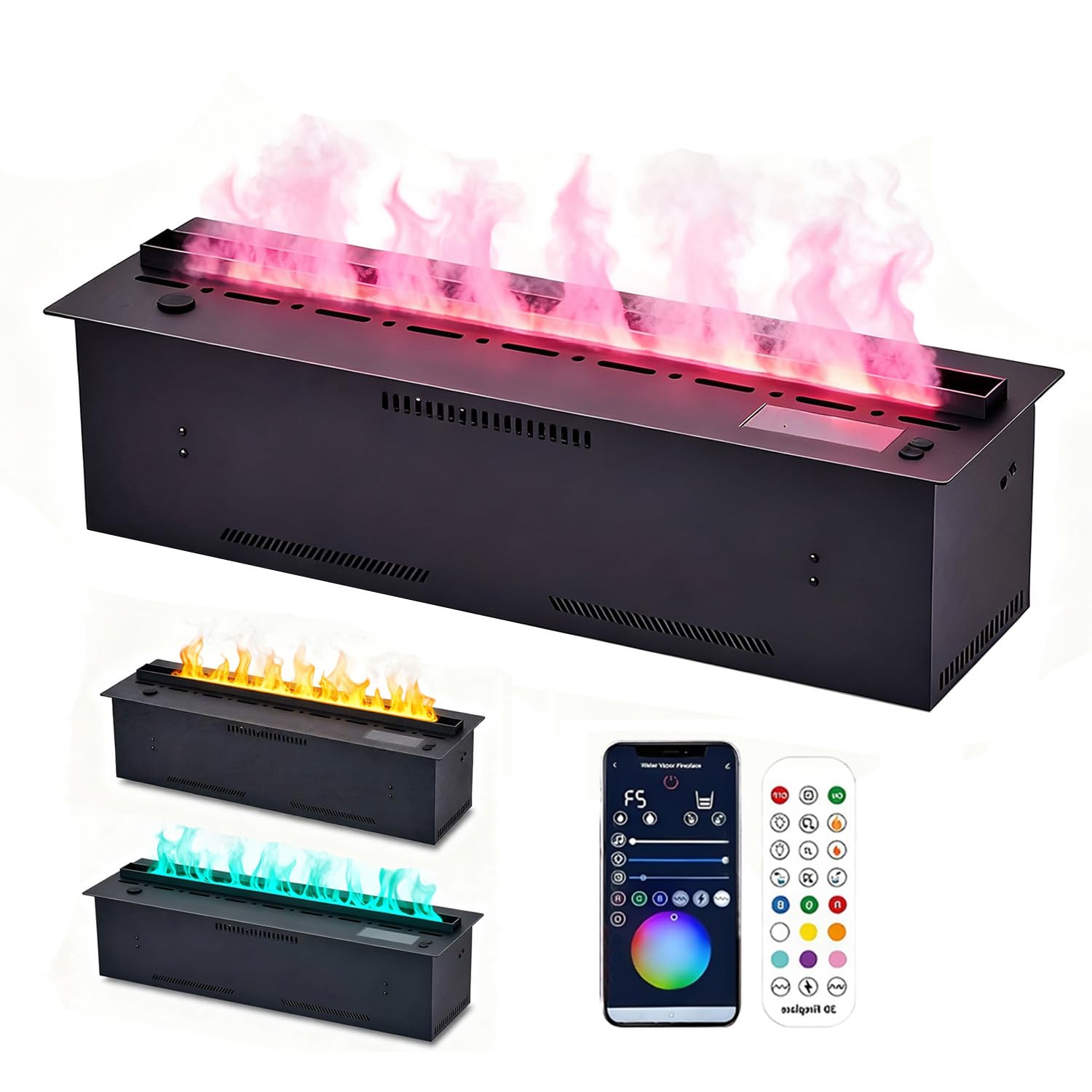 Chimenea inteligente de vapor de agua 3D con control remoto, 9 colores de llama, panel táctil, recarga automática