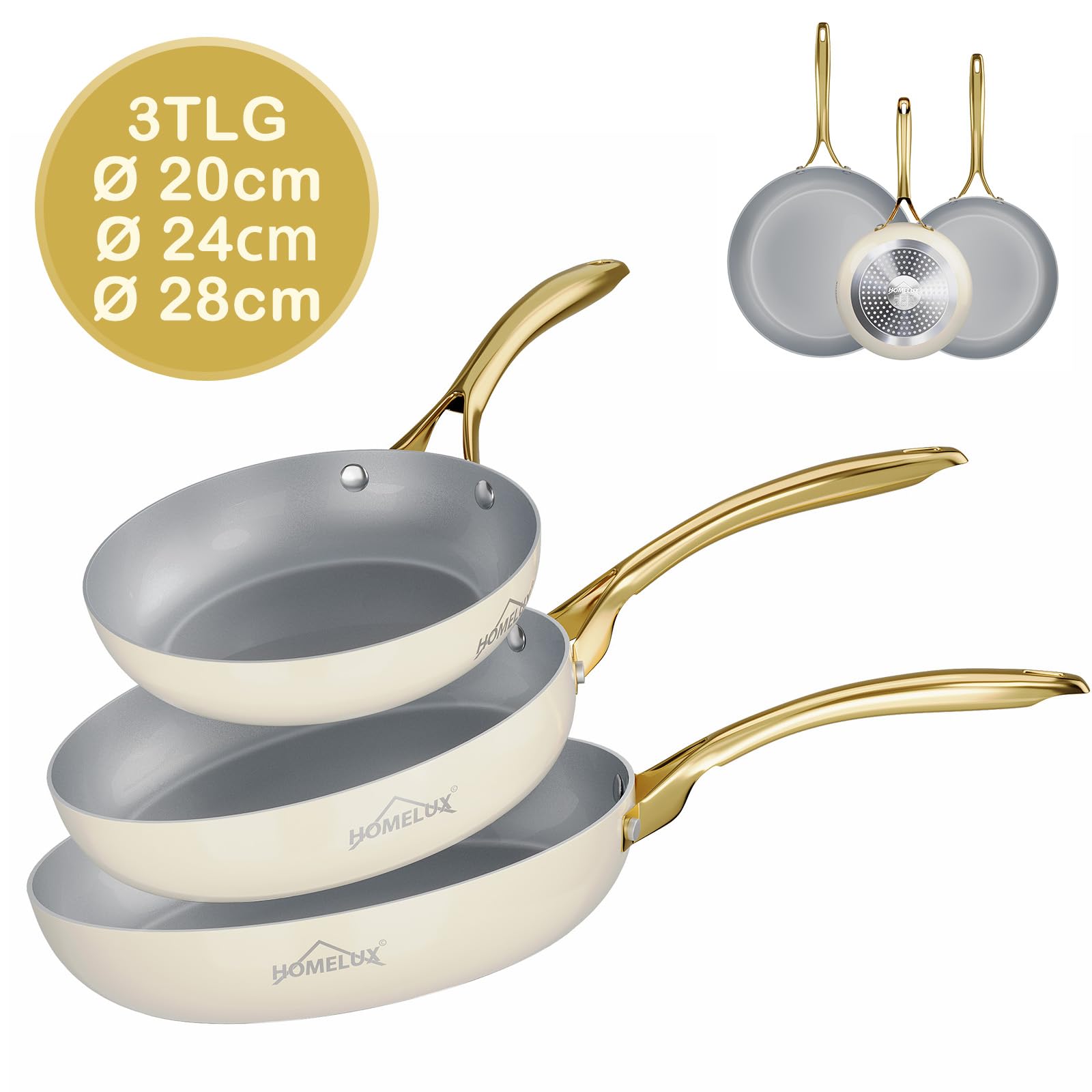HOMELUX Zestaw patelni 3-częściowy, Ø 20/24/28 cm, patelnia ceramiczna, powłoka nieprzywierająca, do wszystkich rodzajów kuchenek, odporna na zarysowania, aluminiowe z uchwytem ze stali nierdzewnej