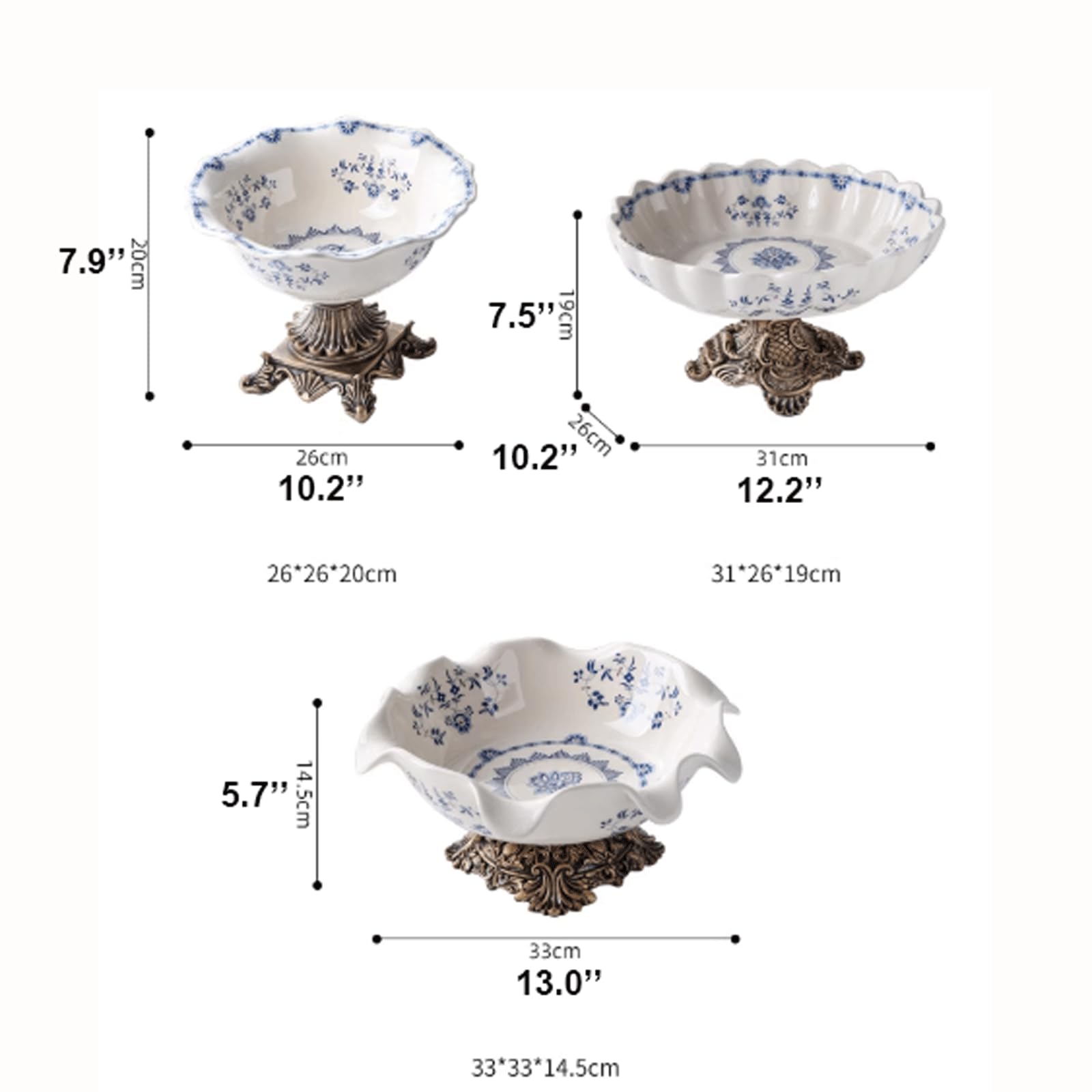 Ciotola da Frutta in Porcellana Blu e Bianca con piedistallo, Piatto da Portata in Ceramica, Ciotola Decorativa con piedistallo, Decorazione in Stile Chinoiserie per Il Piano del s