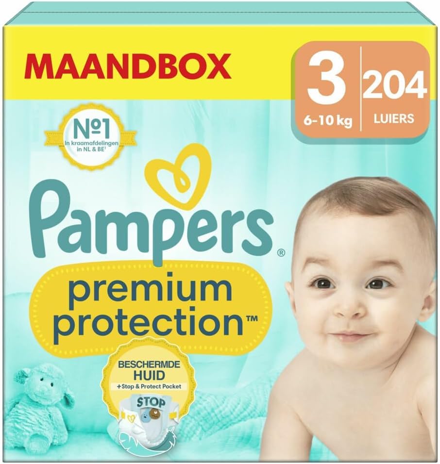 Baby Nappies Size 3 (6-10 kg) Premium Protection, Midi, Monthly Box, Best Comfort and Protection for Sensitive Skin, Pack of 204