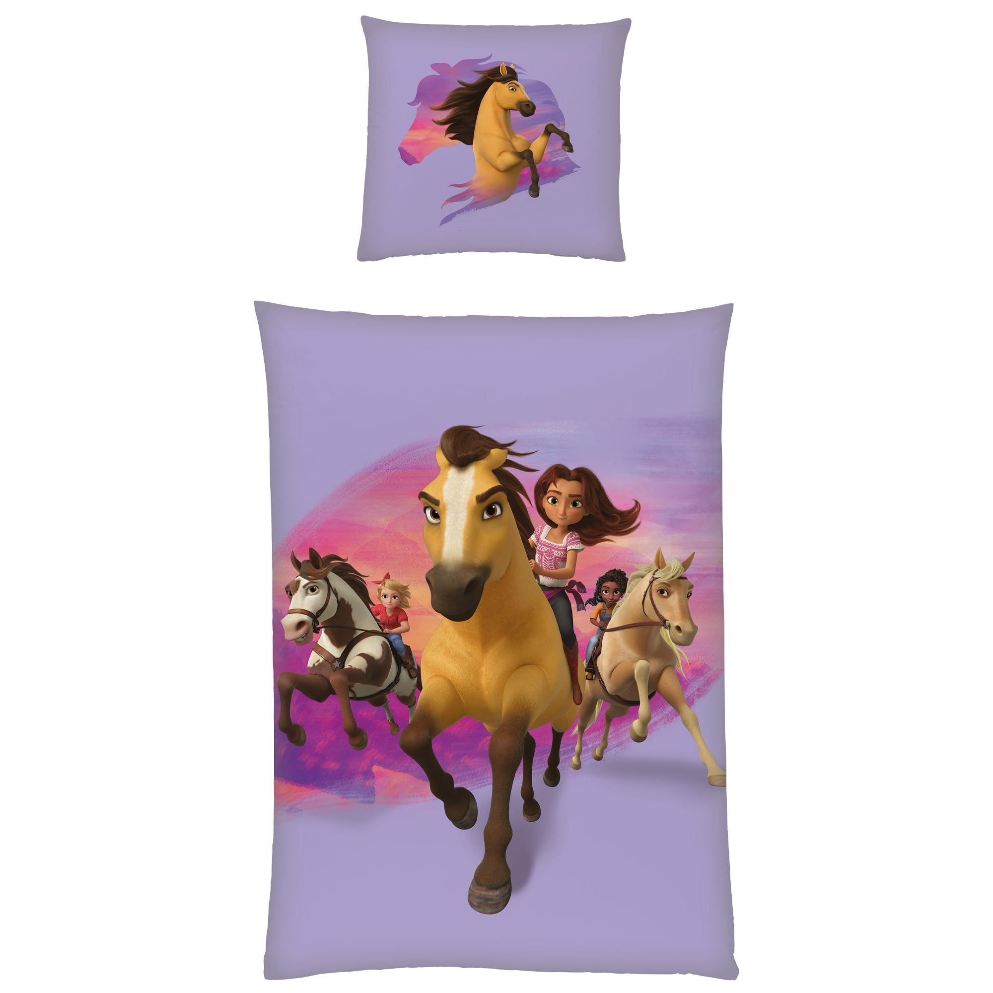 BERONAGE Spirit Untamed Kinder-Bettwäsche Stay Wild 135 x 200 + 80 x 80 cm 100% Baumwolle Biber-Flanell-Qualität Lucky Wildpferd Mädchen Girl Pferde-Bettwäsche mit Reißverschluss Deutsche Größe