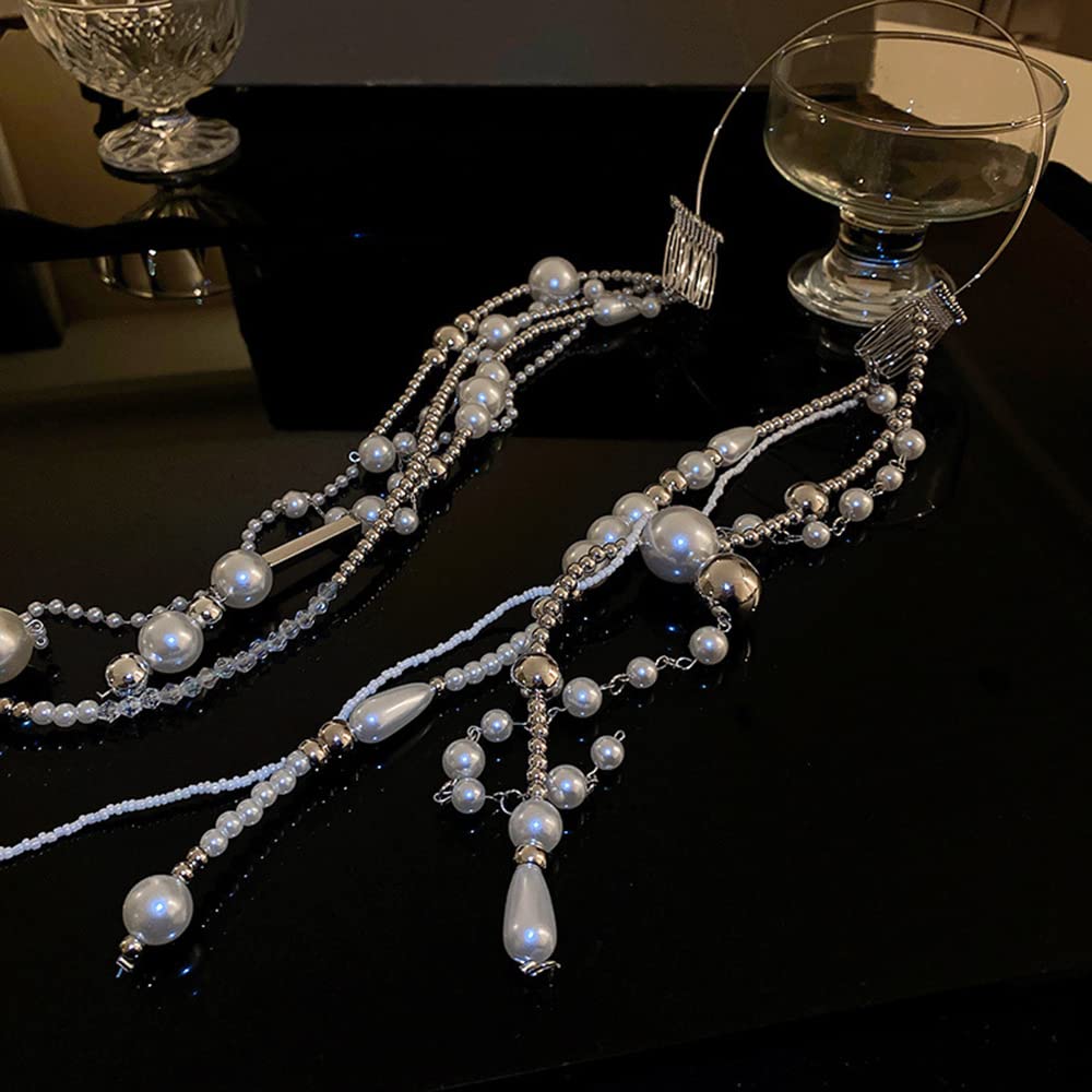 Jumwrit Diadema larga con perlas y diamantes de imitación, diadema larga con borlas plateadas, diadema con cadena larga con cuentas de perlas para mujeres y niñas