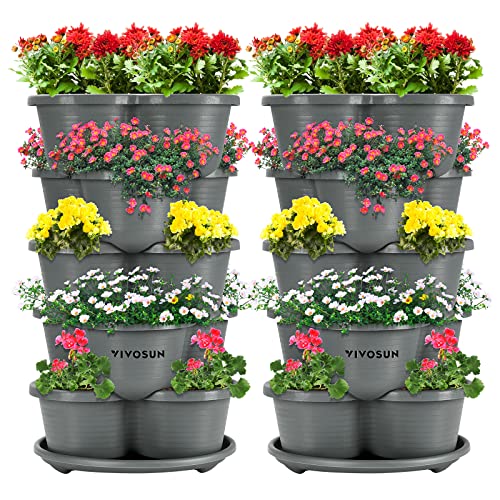 VIVOSUN 2-Pack 5 Tier Vertical Gardening Stackable Planter for Strawberries, Flowers, Herbs, Vegetables, Grey