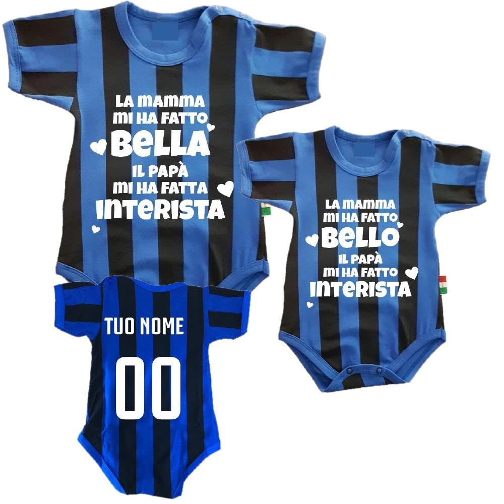 PELUSCIAMO Body Nero Azzurro Mamma Mi Ha Fatto Bello (o bella), Papa' Mi Ha Fatto Interista | Personalizzato Con Nome e Numero PS 32768-010