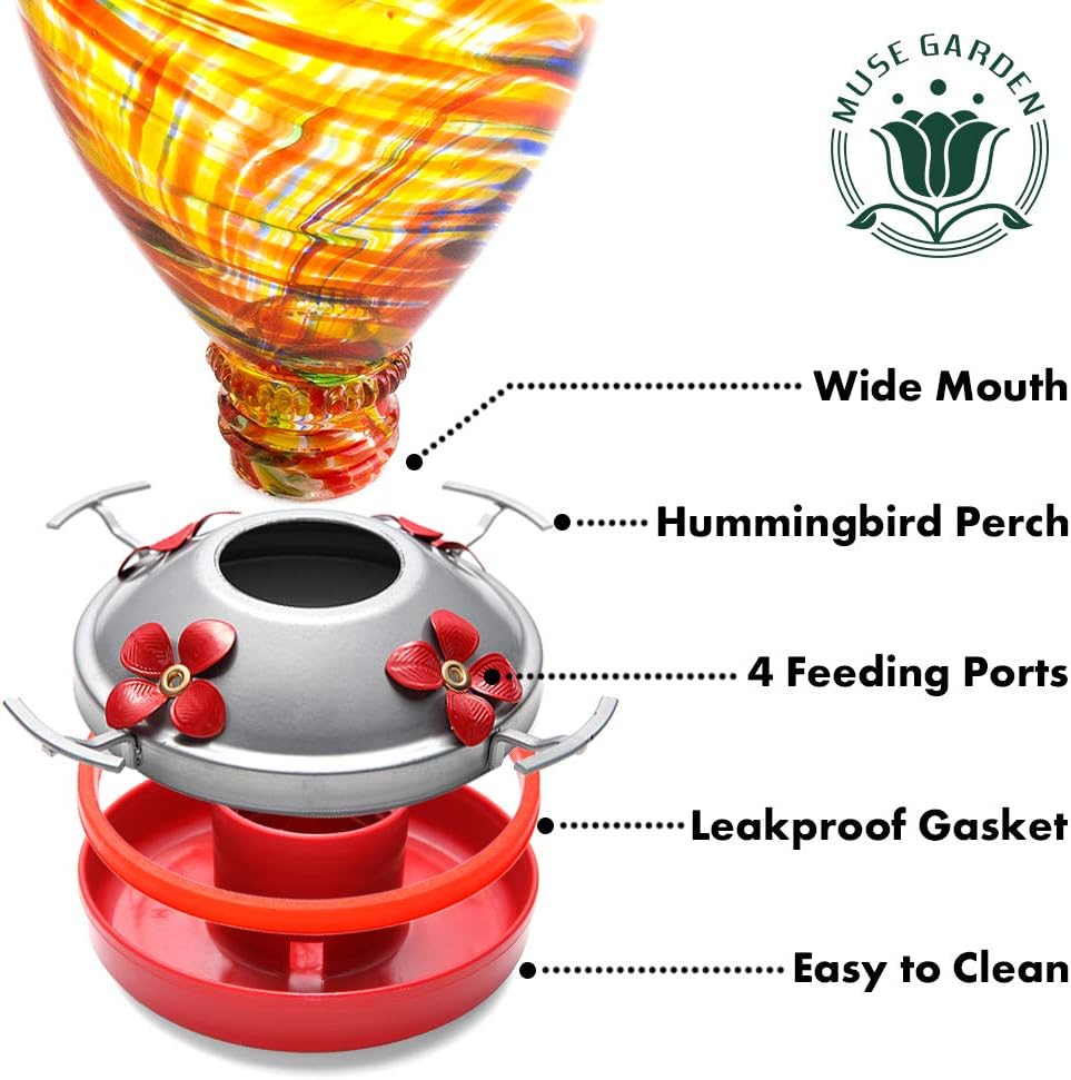 Muse Garden Hummingbird Feeder for Outdoors, Hand Blown Glass, 34 Ounces, Ant Moat Included, Candy