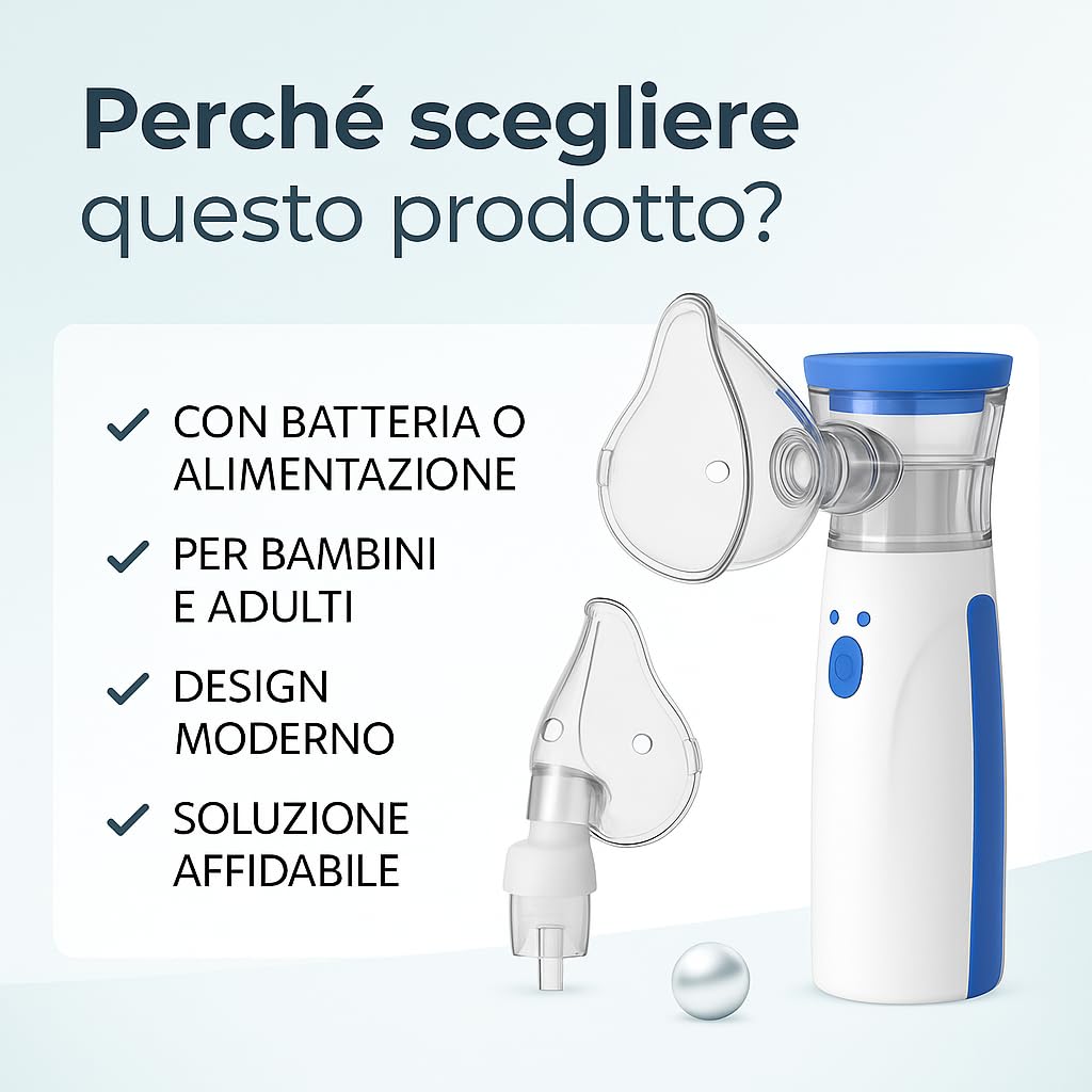 Nebulizzatore Portatile Silenzioso, per Adulti e Bambini con Mascherine Incluse, Doppia Alimentazione USB/Batterie, Nebulizzazione Ultraleggera e Design Compatto