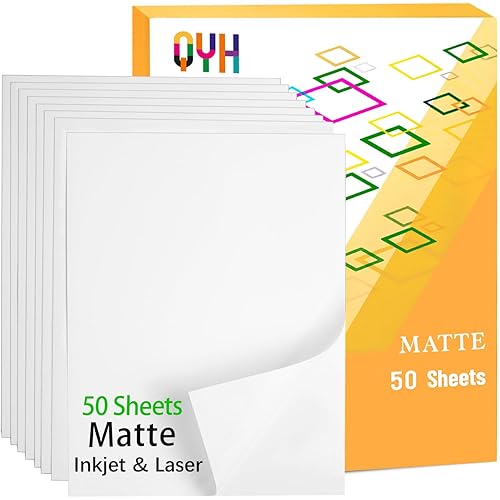 QYH Printable Vinyl Sticker Paper for Inkjet & Laser Printer - Matte White Waterproof, Compatible with Cricut, Silhouette, 50 Sheets, Ideal for Small Business & DIY Crafters (Labels/Decor) - 8.5"x11"