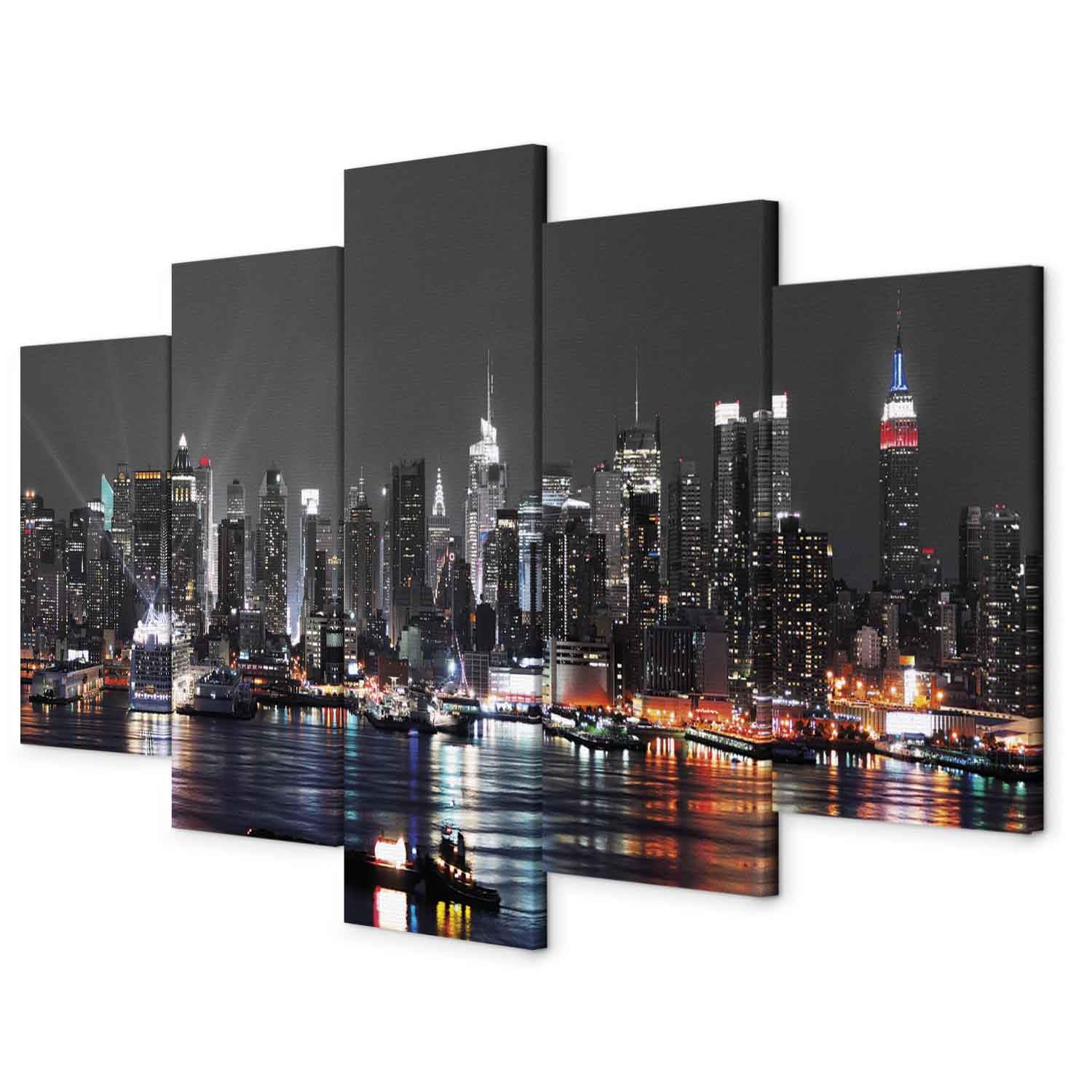 Cuadros B&D XXL - Cuadro en Lienzo New York City 200x100 cm Impresión de 5 Piezas Material no Tejido decorativo Cuadros Grandes Para Dormitorios Impresión de Pared Noche Nueva York d-A-0022-b-n
