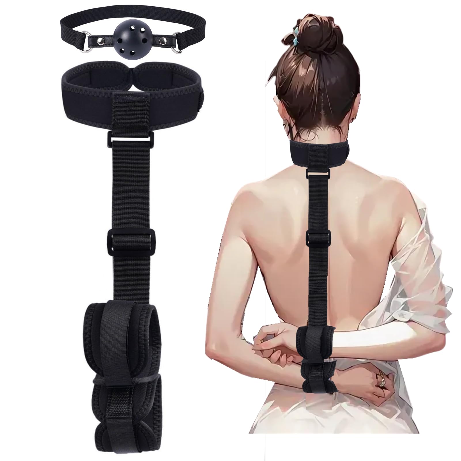 BDSM Bondage Neck to Wrist Restraints Kit with Ball Gag Couples Sex Toys Adjustable Collar Back Sex Handcuffs