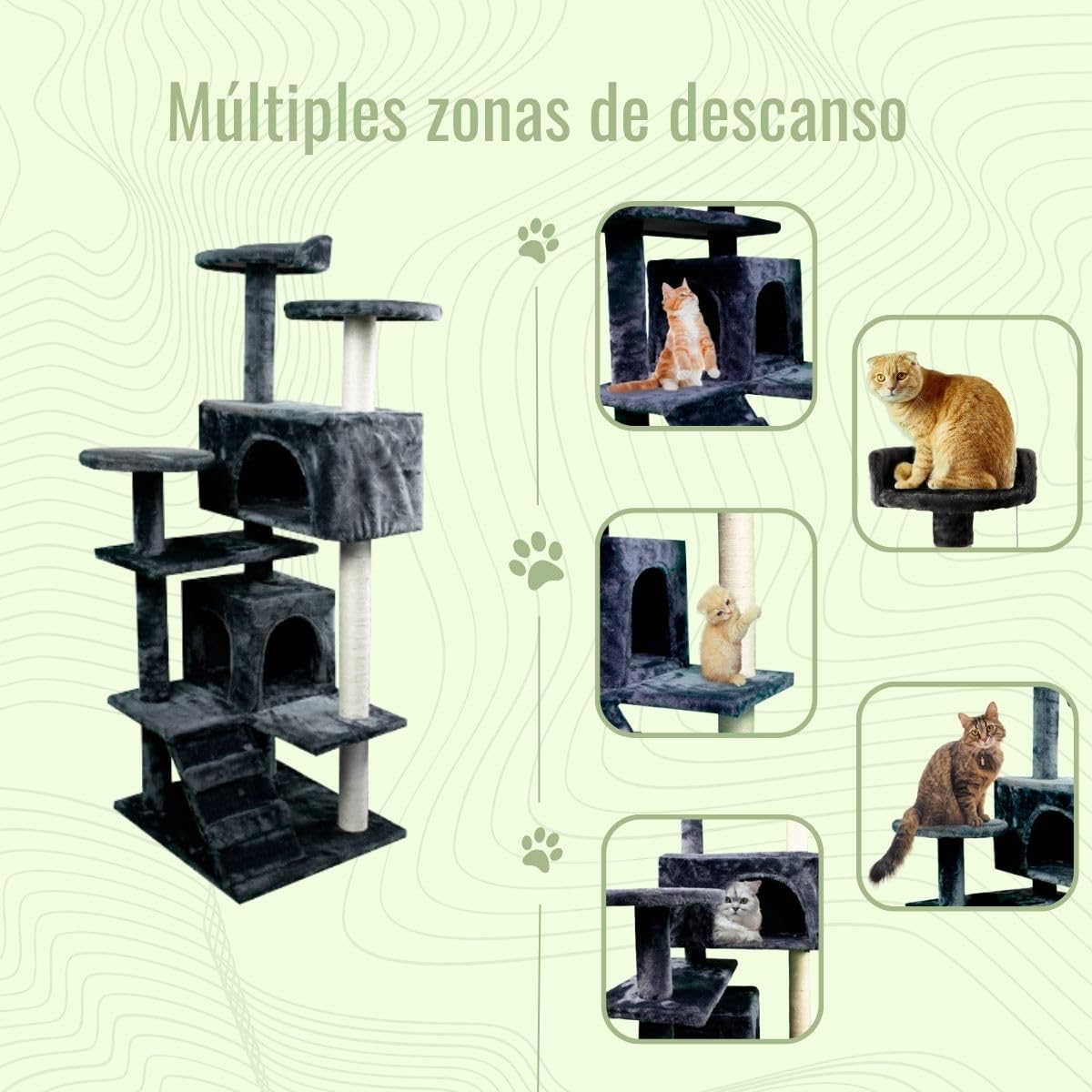 Mobiclinic, Rascador árbol para Gato, Modelo Tico, Grande, Escalar, 5 Alturas, Soporta hasta 10 kg, con Plataformas y refugios, Juguete desestresante, Cuerda de sisal, Gris