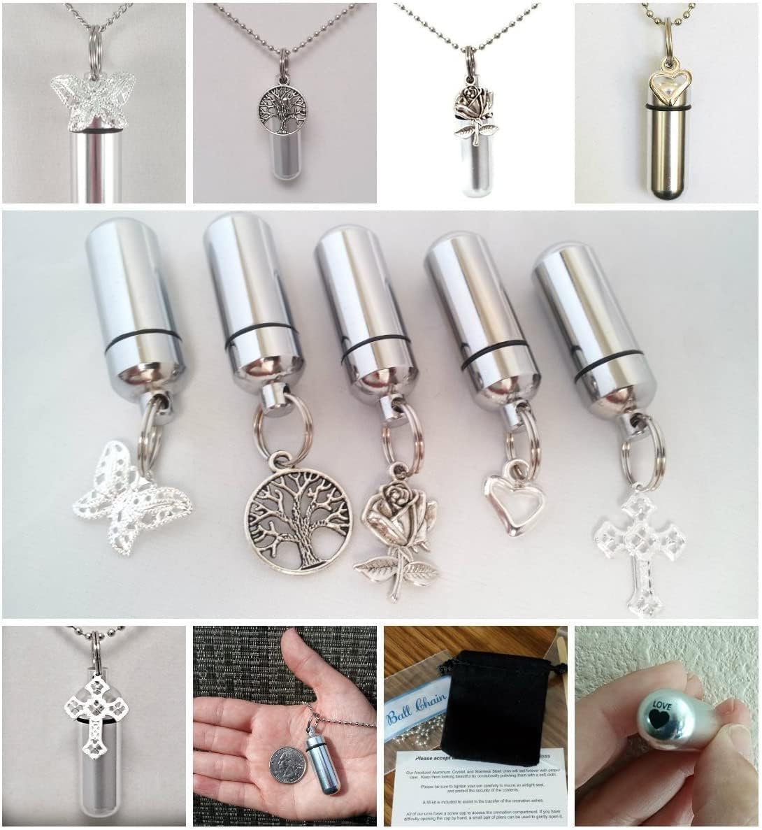 Family Set of Five Assorted Cremation URN Necklaces - Rose/Tree of Life/Butterfly/Cross/Open Heart - with Velvet Pouches, Ball-Chains, Fill Kit - Ships from USA