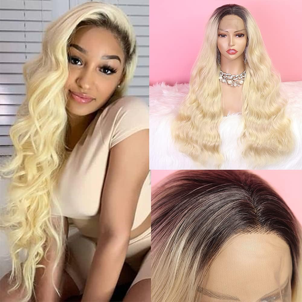 Black Blonde 13×4 Lace Front Wigs with Pre-plucked Synthetic lace wig Heat Resistant Fiber Hair Long Wavy cosplay wig for women Wig 24inch
