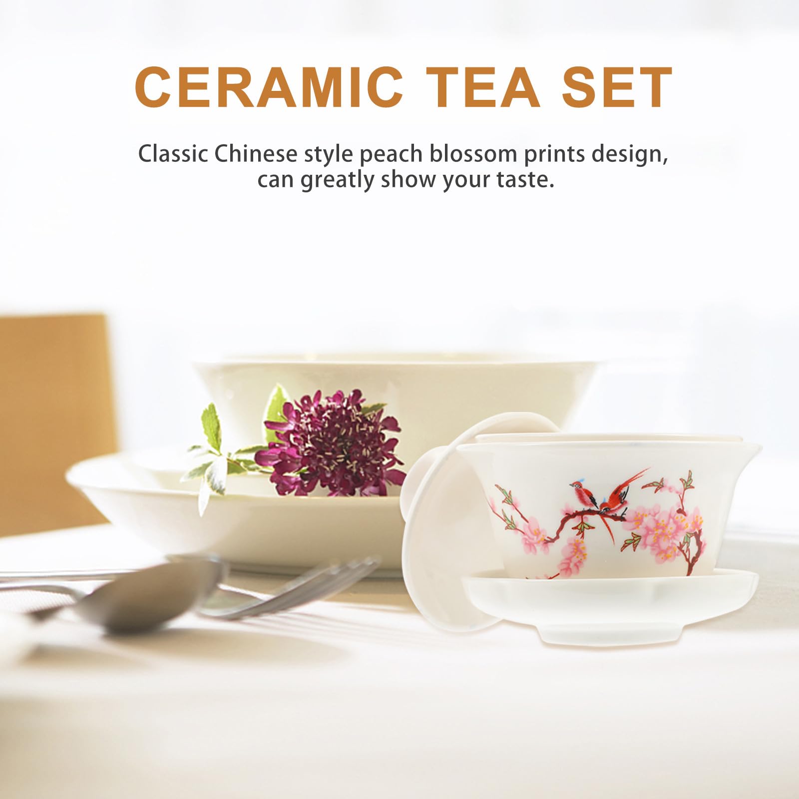COLLBATH Set de Té Kung Fu 8 Tazas, Tetera, Cuenco Tapa y Embudo de Cerámica Resistente al Desgaste Filtro Integrado, Diseño Flor de Durazno, Adecuado del Té en Casa U Oficina