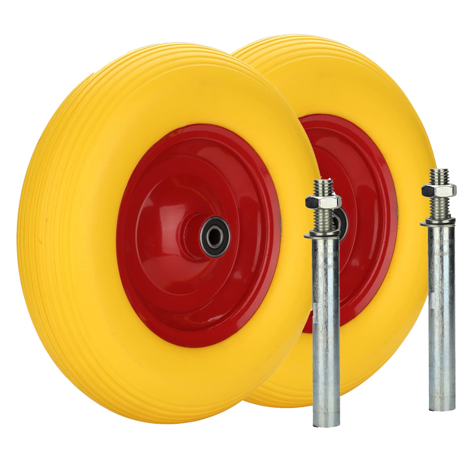 Randaco 2 x Solid Rubber Polyurethane Wheelbarrow Wheels with 4.80 4.00 8 Axle Diameter 390 mm Puncture Resistant up to 200 kg Yellow Steel Rims for Garden Wheelbarrow