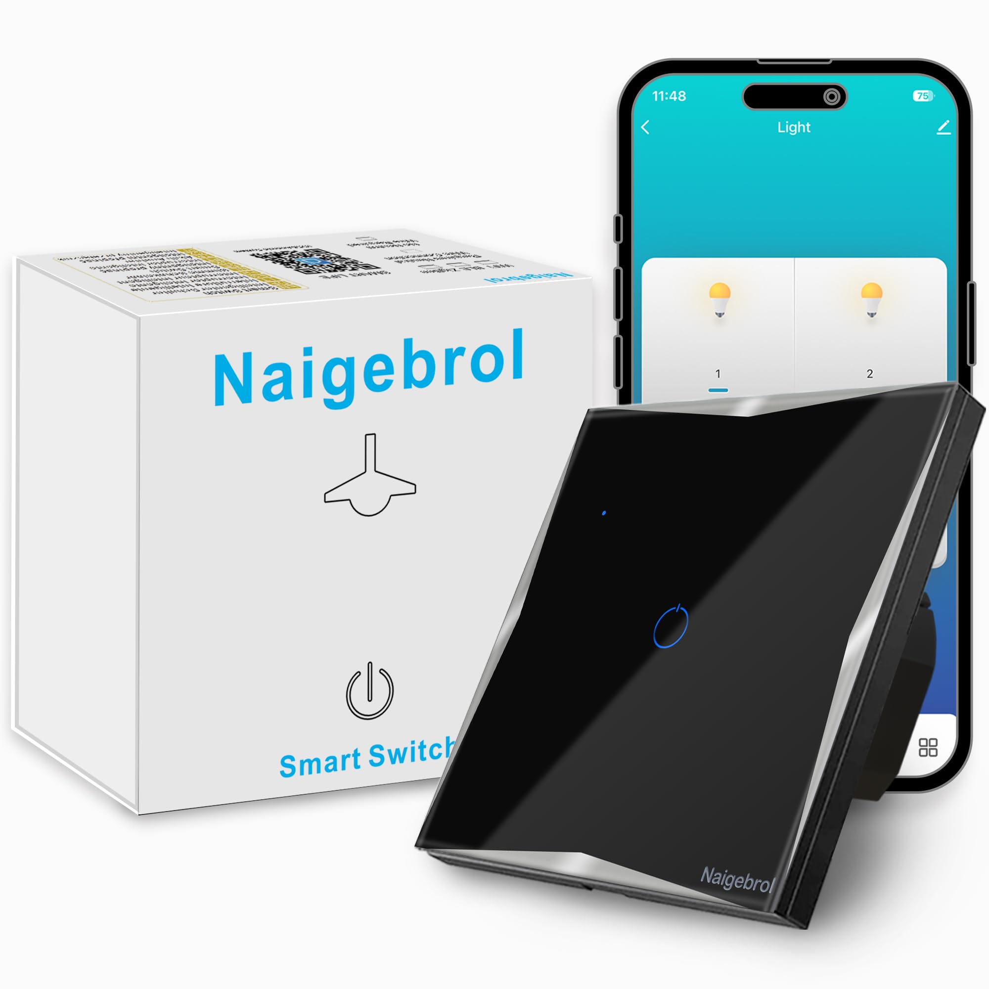 Naigebrol Smart Life WiFi Smart 86 * 86 UK Standard Touch Light Switch with Neutral Wire Support Voice Controlled Wall Switch Compatible with Alexa Google Home 1 Gang Black