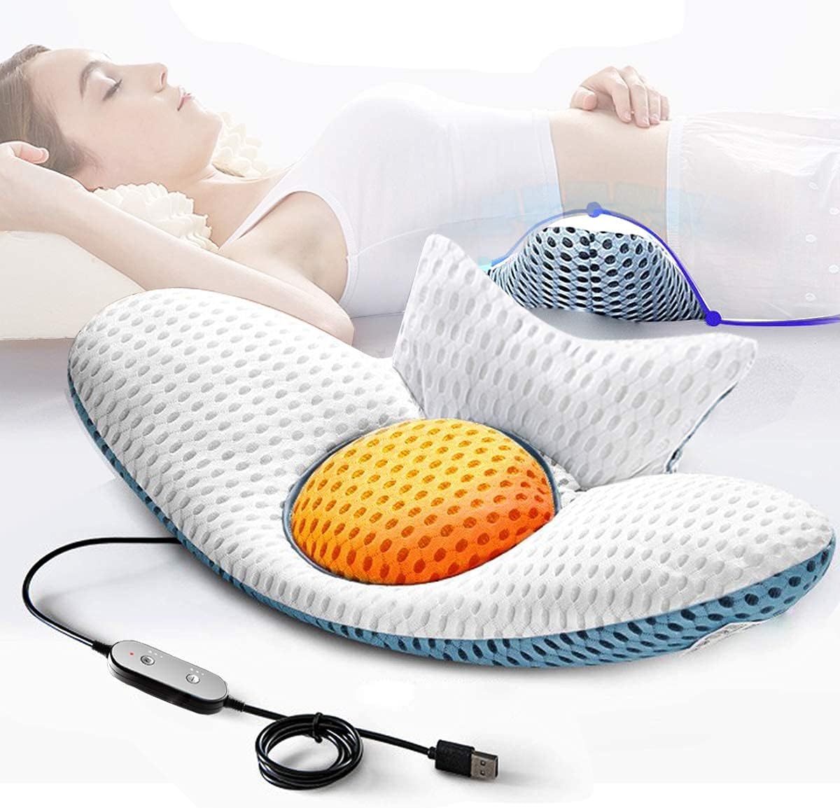 Cojín Lumbar Dormir,Almohada Masajeador de Ortopédico para Embarazadas Cojín Apoyo de Lumbar Altura Ajustable con Función de Calor y Masaje para Aliviar Sueño y Dolor Zona Lumbar, Enchufe Falso EE.UU