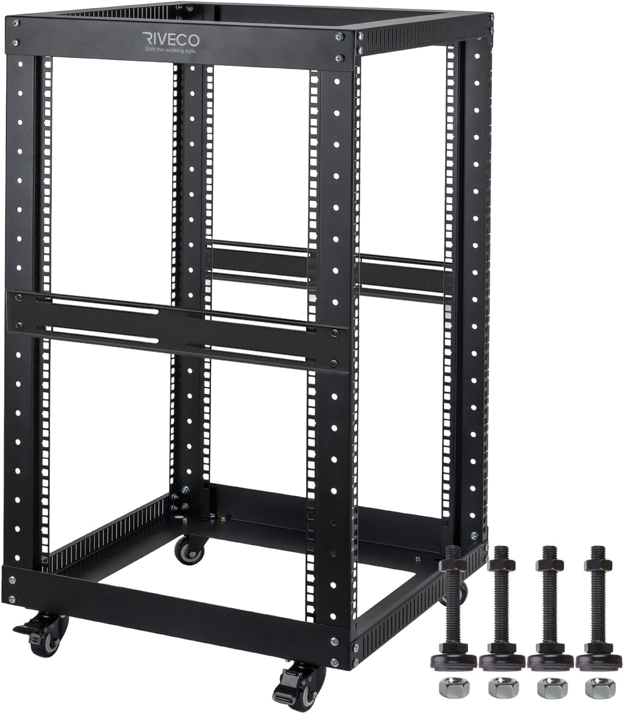 RIVECO 18U Open Frame Server Rack with Brake Casters- Heavy Duty 4 Post Quick Assembly 19-inch Rack Network Durable Black 18U Rack