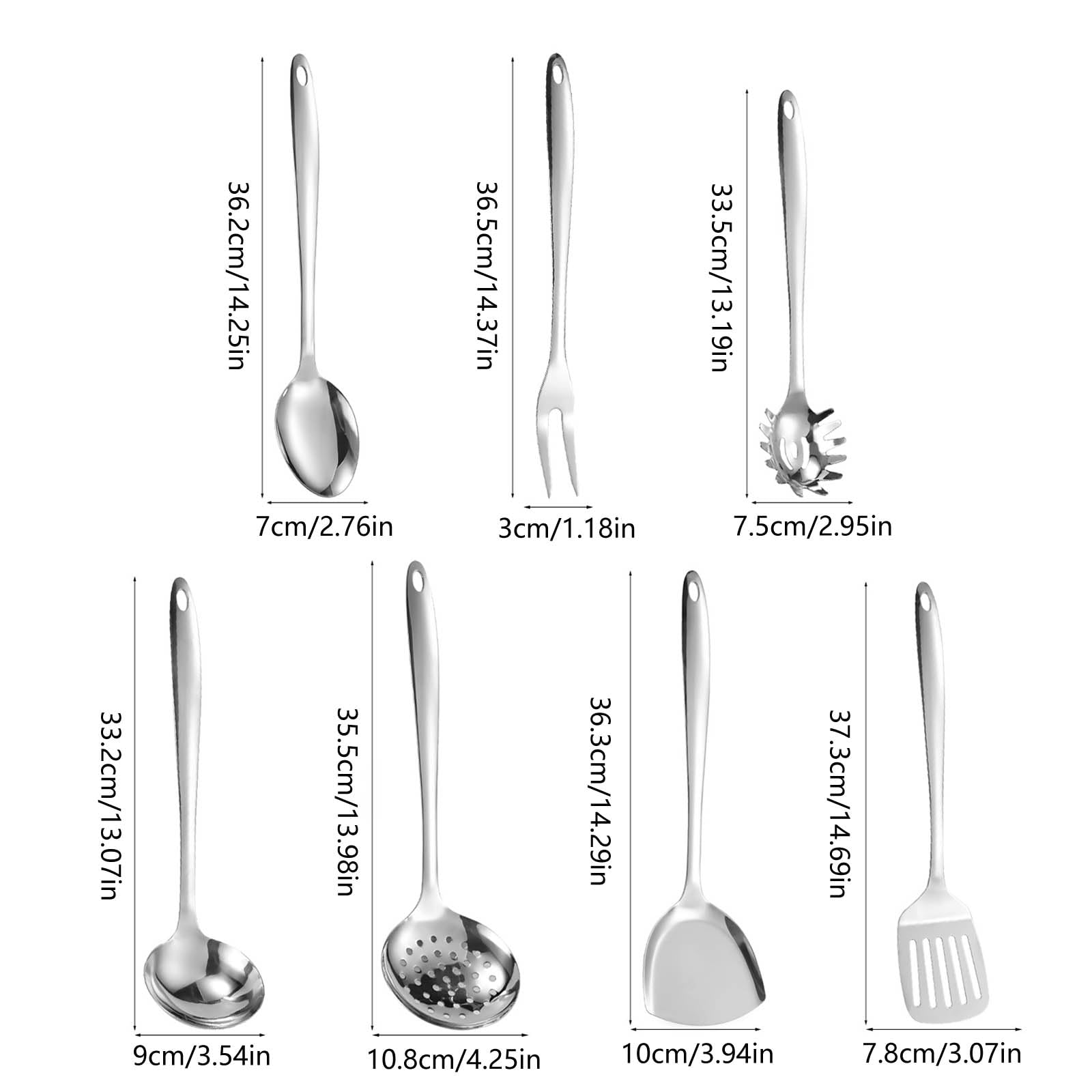 Lot de 7 ustensiles de cuisine en acier inoxydable - Outil de cuisine essentiel - Avec fente - Tuner - Cuillère de service - Ustensiles de cuisine