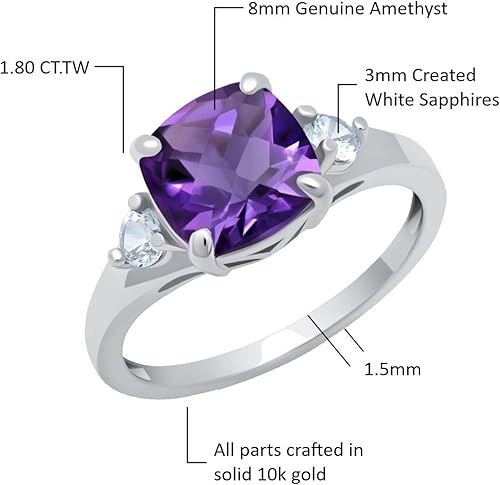 Miniatura 3 de MAX + STONE Cushion Cut Gemstone Three Stone Ring for Women in 10k White or Yellow Gold with Created White Sapphire Accents and Birthstone Size 5 to