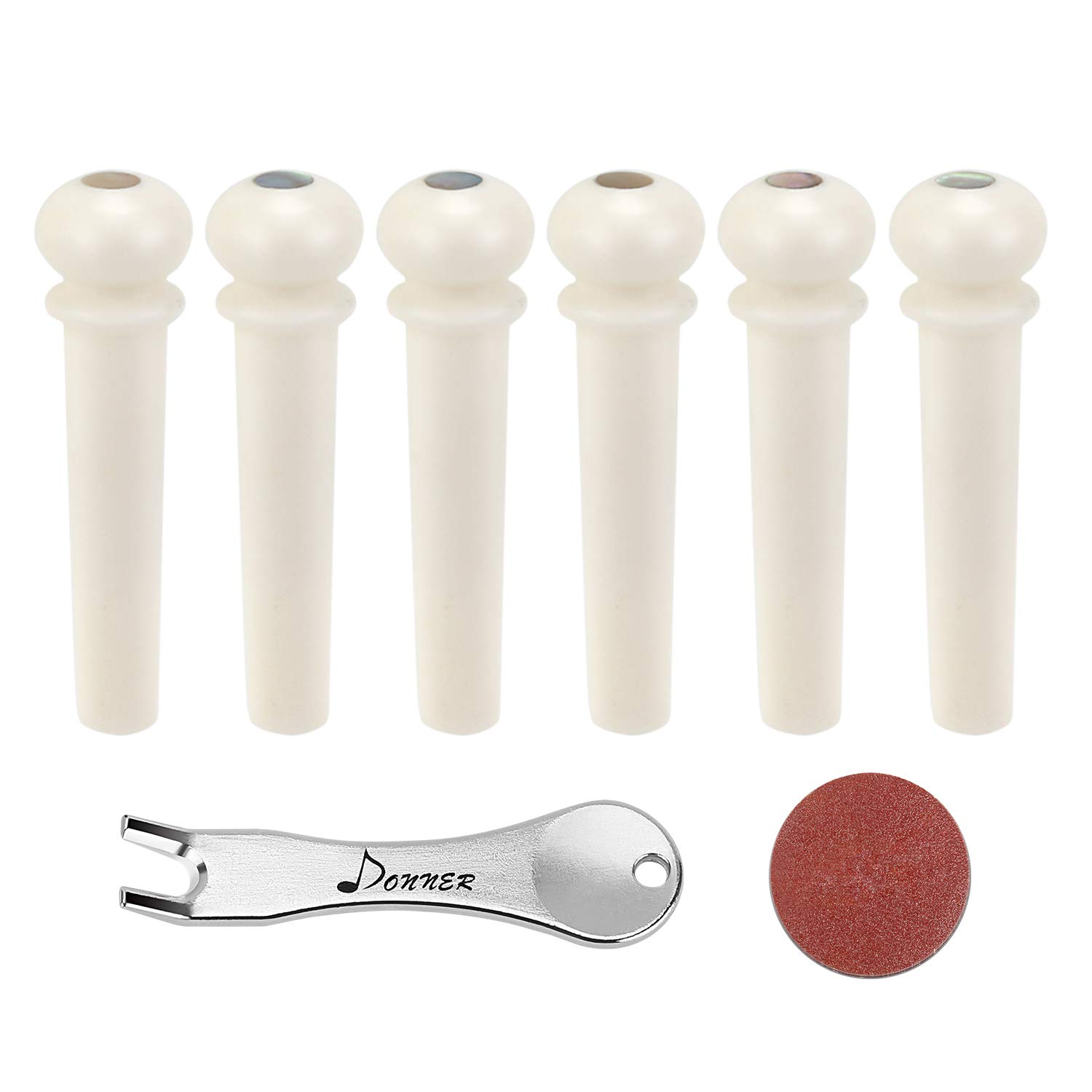 Donner Gitarre Brücke Pins Set Gitarre Bridge Pins, Cattle Bone Brücke Pins für Akustikgitarre Abalone Dot Inlay mit Guitar Pins Puller, Akustikgitarre DIY Ersatzteile, 6 Stück