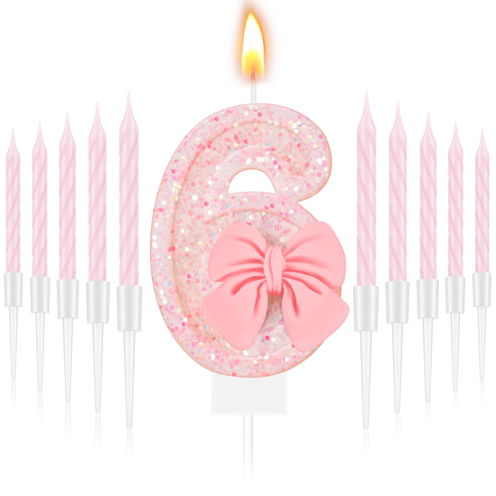 MTLEE 6th Number Birthday Candle Pink Bow Glitter Happy Birthday Number Cake Topper with 10 Long Thin Spiral Cupcake Candle Bowknot Cake Decorations
