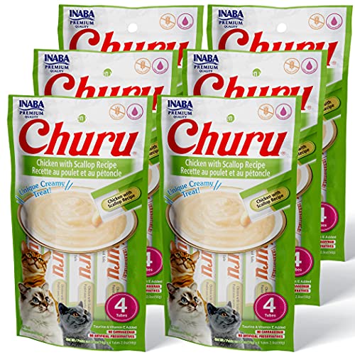 Inaba Churu Cat Treats, Grain-Free, Lickable, Squeezable Creamy Purée Cat Treat/Topper With Vitamin E & Taurine, 0.5 Ounces Each Tube, 24 Tubes (4 Per Pack), Chicken With Scallop Recipe #TOP8