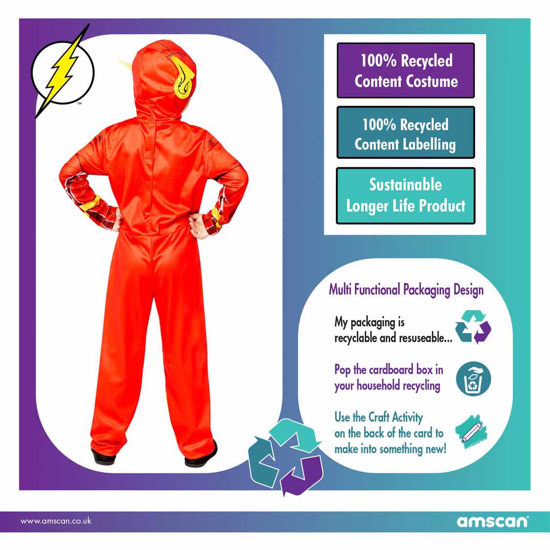 Amscan 9910119 - Oficjalny kostium dla dzieci Warner Bros the Flash Boys Sustainable Fancy Dress Wiek: 6-8 lat