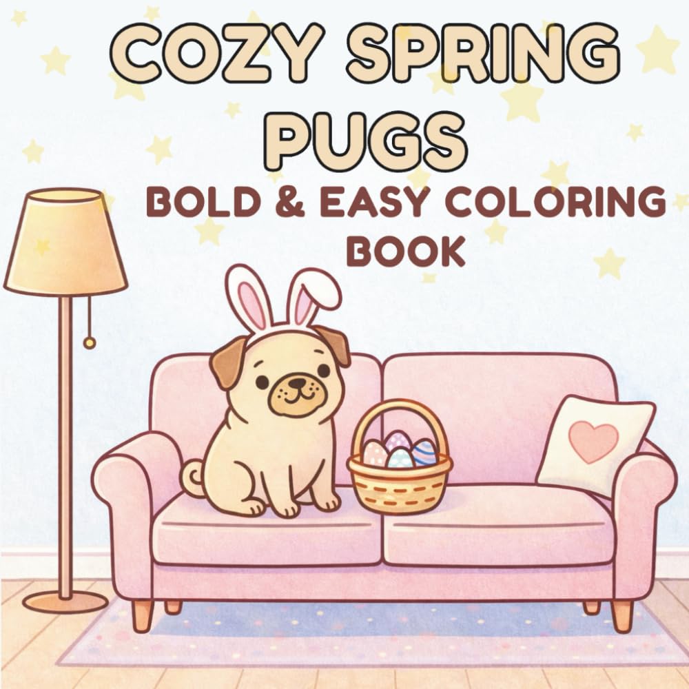 Cozy Spring Pugs: A Big & Bold Spring Coloring Book for Dog Moms, Teens & Pug Lovers | 30 Cute and Easy Relaxing Pages