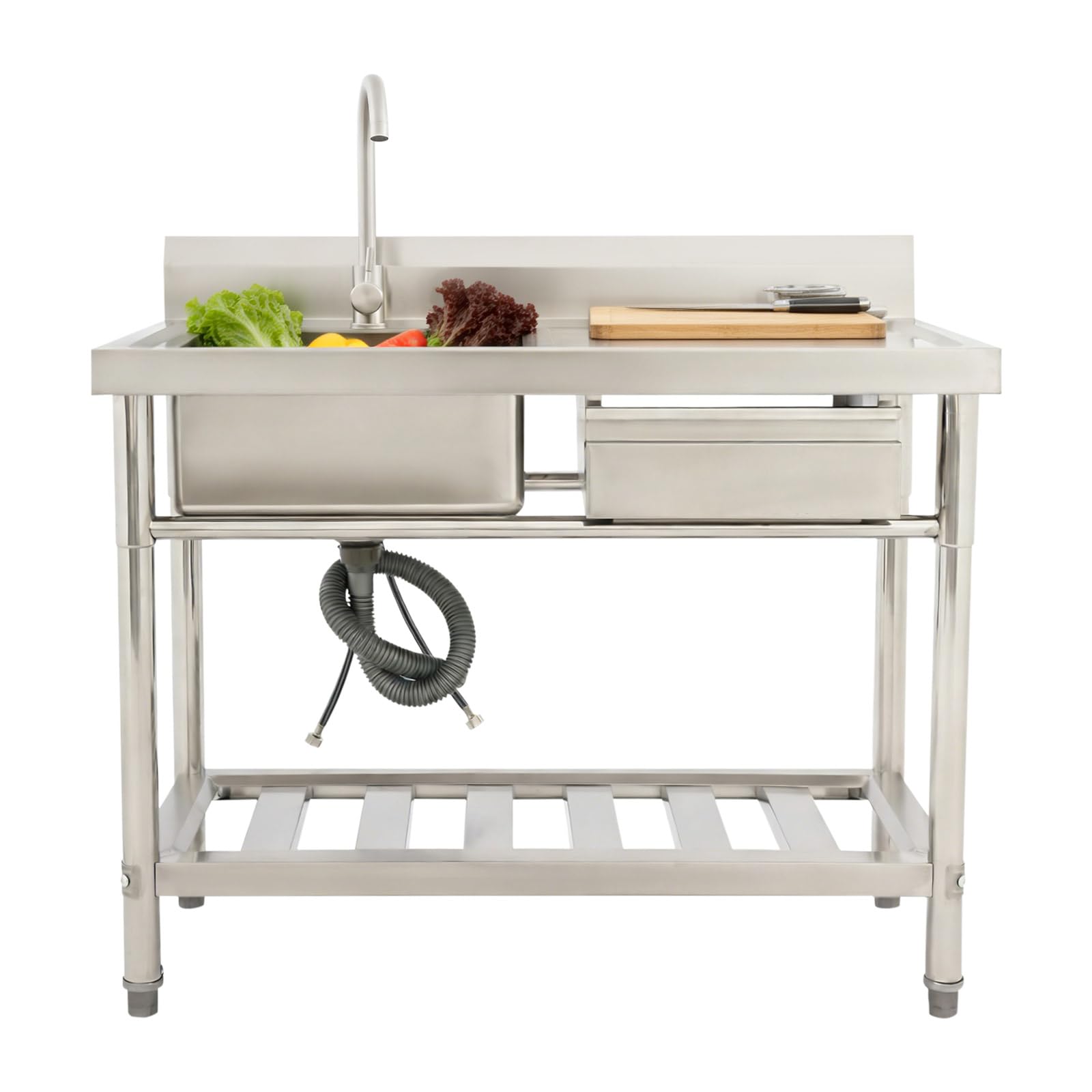 Edelstahl Spültisch 100x60cm mit 360° Armatur Wasserhahn Freistehend | 100*60*80 cm, 1–3 cm Höhenverstellbare Füße mit Arbeitsfläche, Spüle und Unterbau für Küche, Garten und Gewerbe (150kg Max)