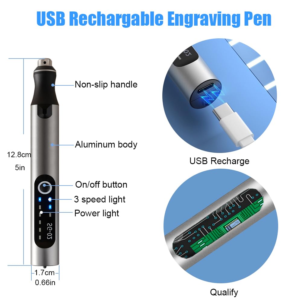 USB Wiederaufladbarer Gravurstift mit 35 Bits, Mini-Elektro-Gravierer, Ätzmaschinen, schnurlose Drehwerkzeuge, gravierte Schmuck, Glas, Stein, Metall, Kunststoff, Holz, Harz