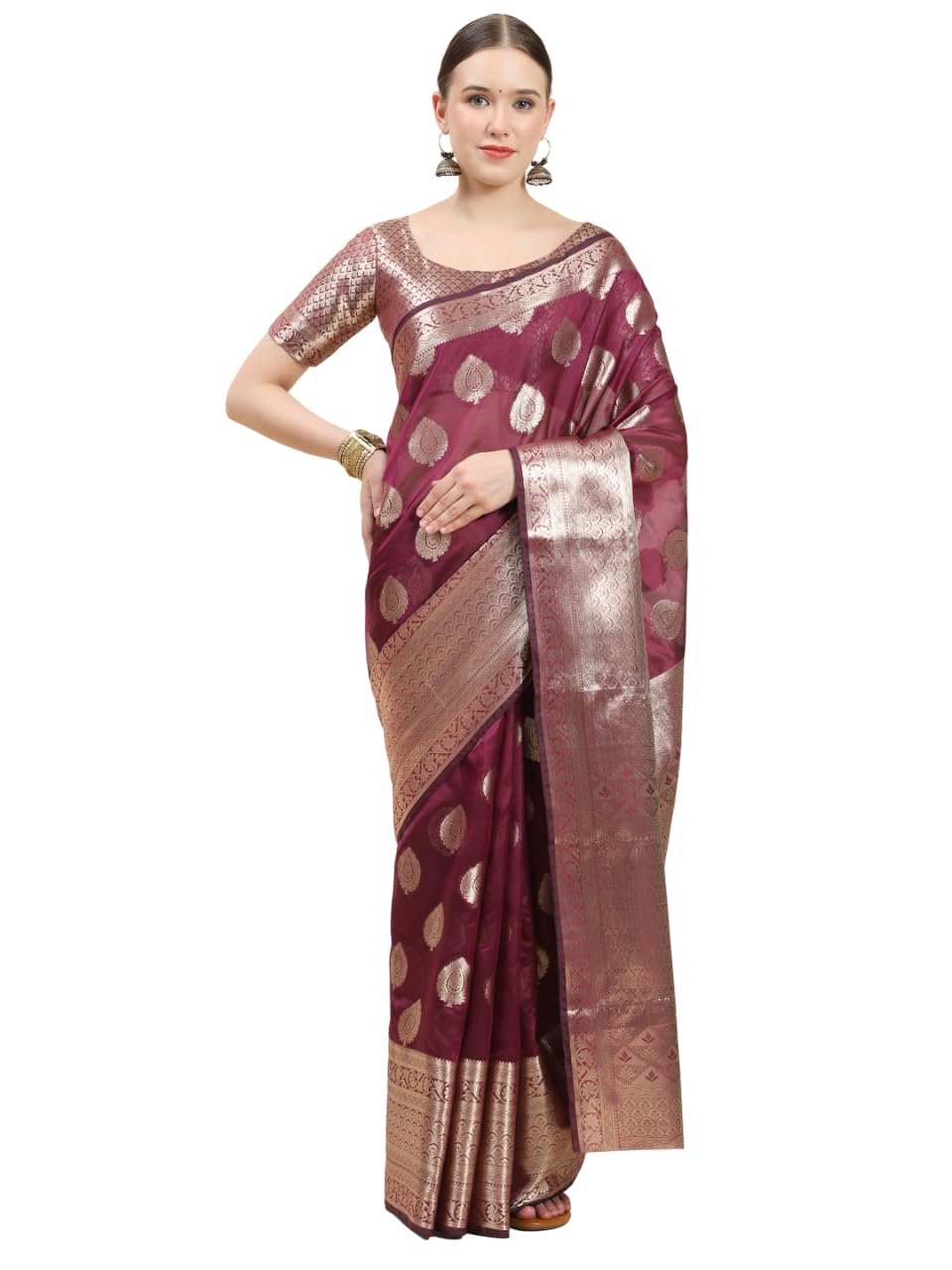 KSNDV TRENDZ Women's Organza Silk saree With Beautiful Gold Zari Weaving With Rich Pallu And Self weaving Mina Butta All Over Saree