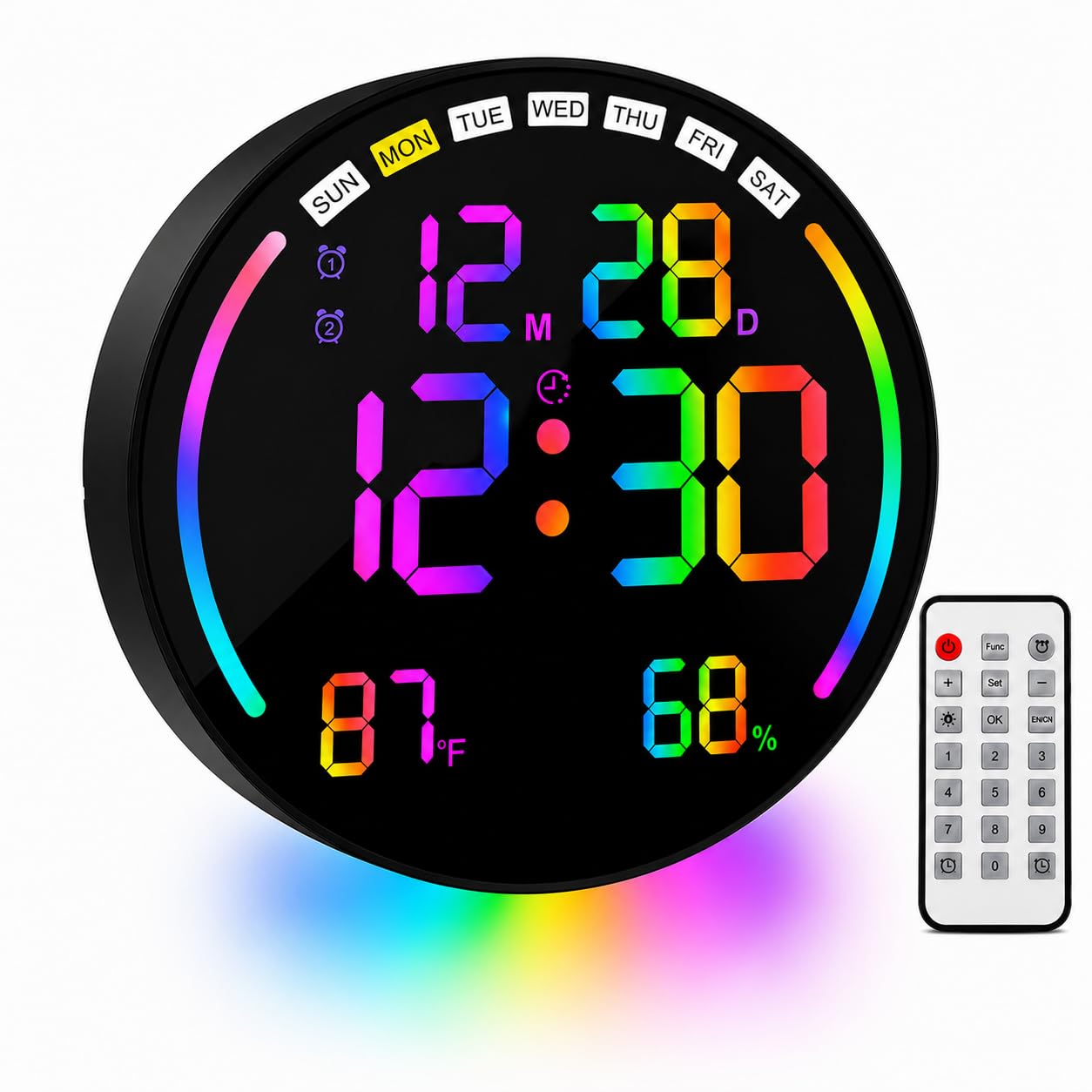 AERYS 10" RGB Digital Alarm Wall Clock Table Clock with Remote, Auto Dimmer,Temperature, Humidity, Dual Alarms, for Living Room, Gym, Garage, Gift, Home Decor(RGB Round Wall Clock) (1 Year Warranty)