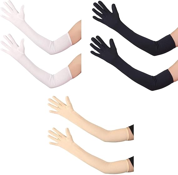 NESVIB Pack of 3 Pairs Cotton Full Arm Hand Sleeves Gloves For Summer, Winter, Dust & Sun Protection Full Hand Cotton Gloves for Men, Women and Girls (Black, White and Beige Color)