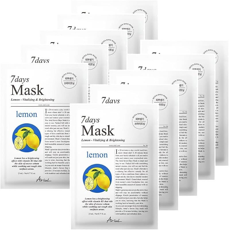 Ariul Máscara facial em folha de limão, fórmula com extrato de limão e vitamina C, vegana, Pacote com 10 unidades