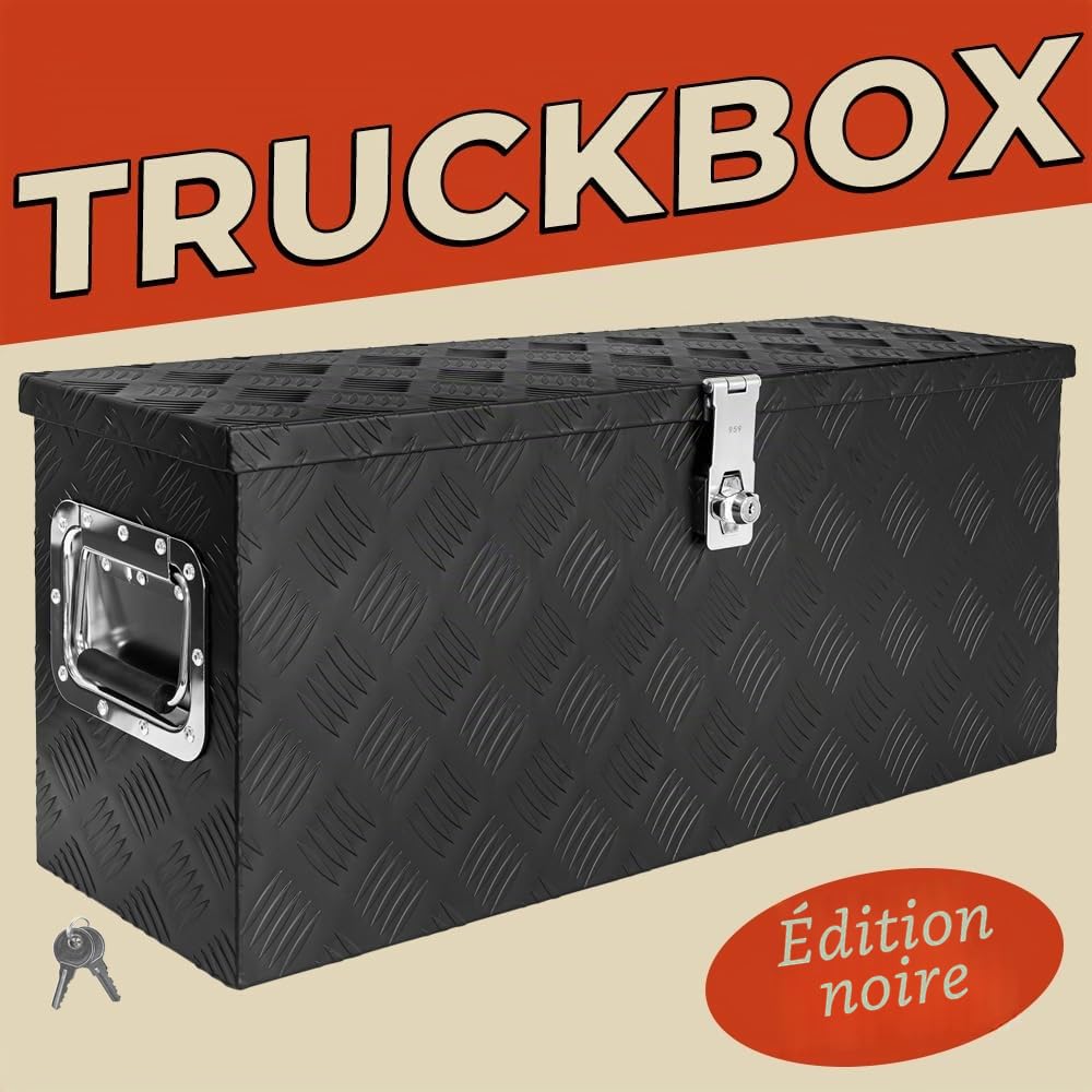 Trucky Boîte à Timon Noir Boîte à outils Caisse de camion Boîte en Aluminium Box de remorque avec couvercle Verrouillable Boîte de Transport Rangement D055