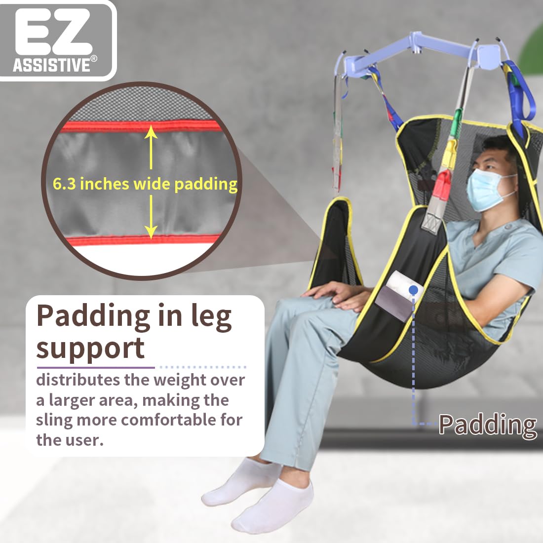 Sling de levage corporel complet EZ Assistive 225kg–Sling de transfert en mesh ultra-résistant pour fauteuil roulant, toilettes et douche (S)