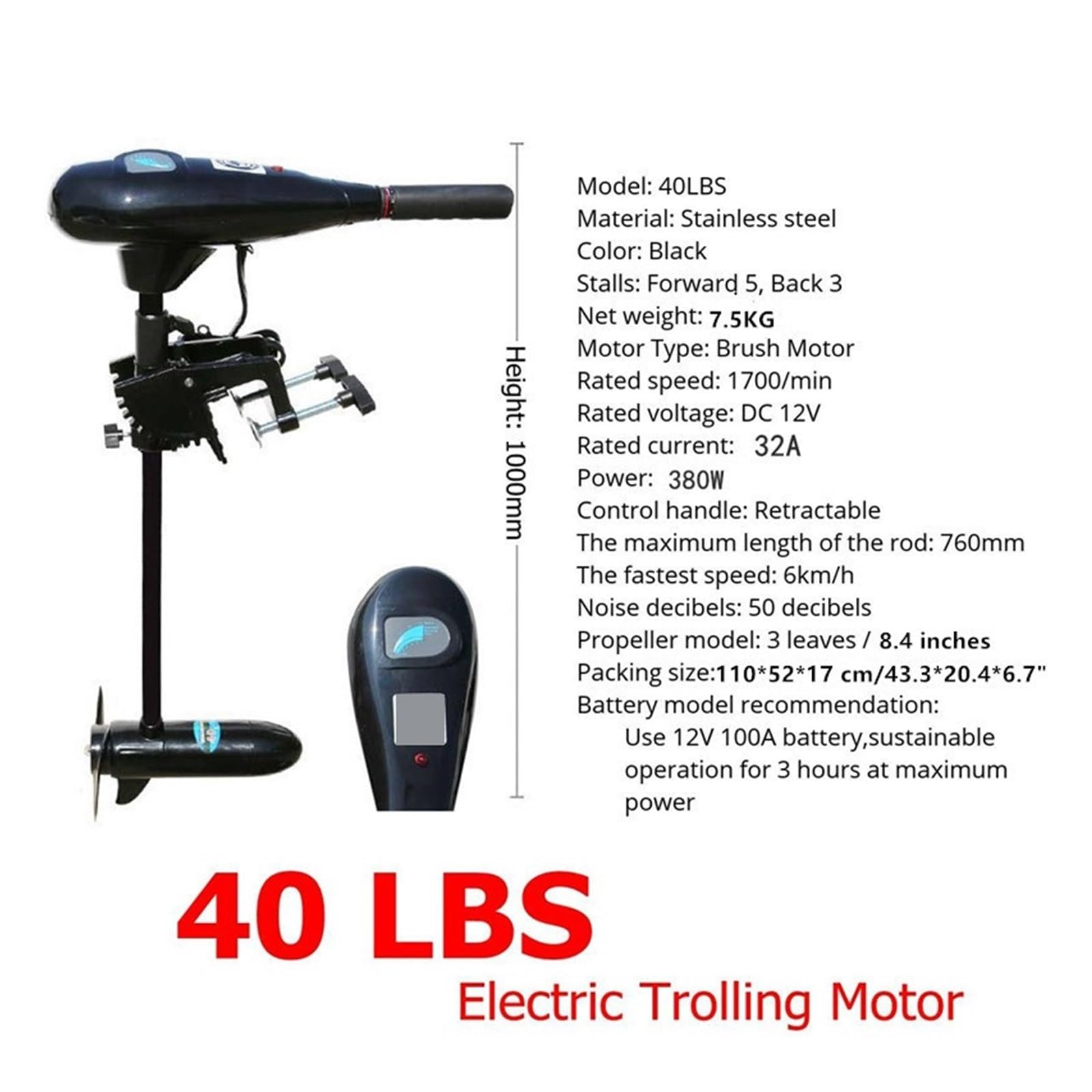 Motore Fuoribordo, 40LBS 12V Gommone Elettrico Motore da traina, fuoribordo 380W, for sport acquatici Elica pesca Speed ​​Kayak