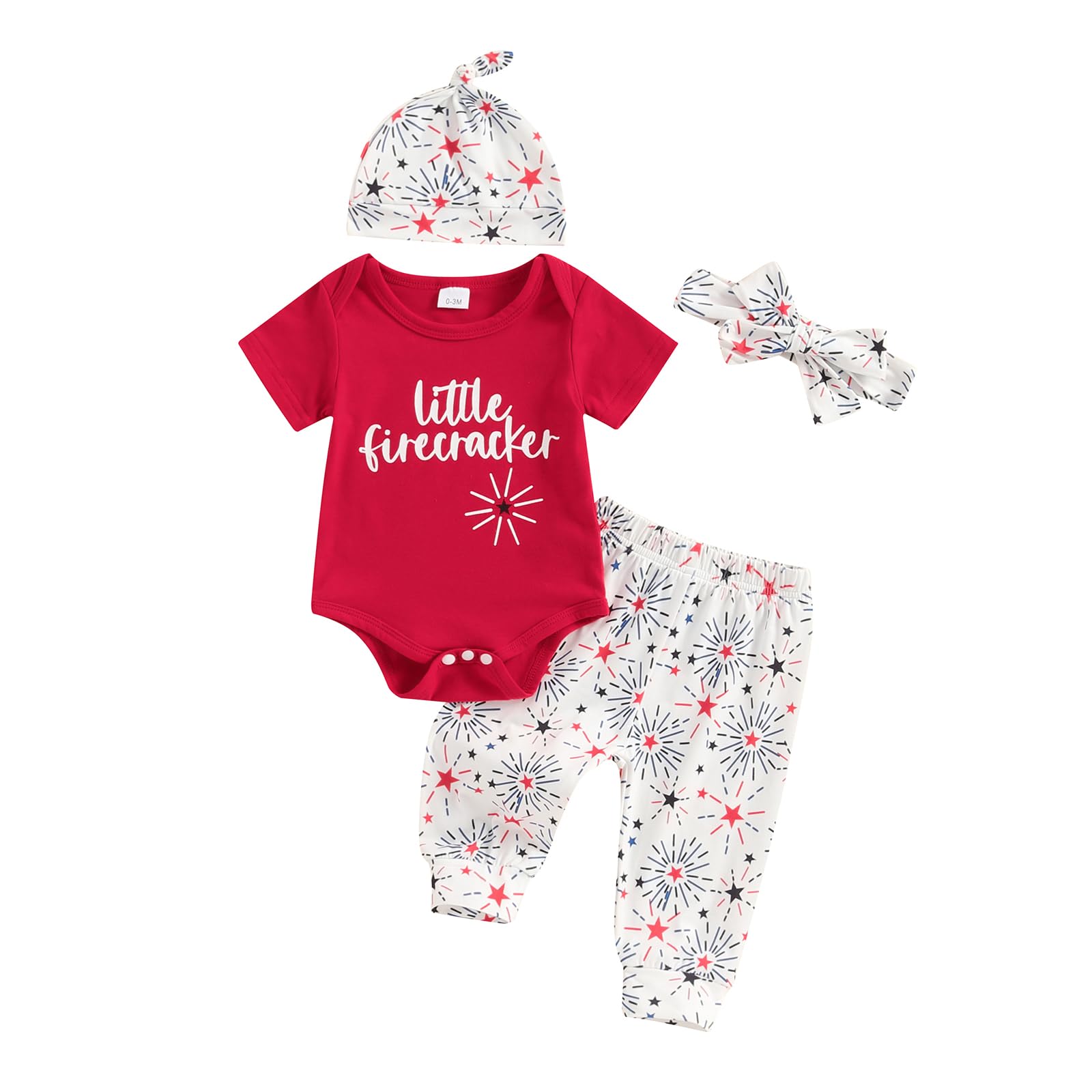 Rtnnsbbfcm Newborn Baby Boy Girl 4th Of July Outfit Short Sleeve Letter Print Romper Pants Headband Hat 4Pcs Set (Red, 3-6 Months)