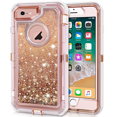 Anuck Case for iPhone 6S Plus Case, for iPhone 6 Plus Case (5.5 inch), 3 in 1 Hybrid Heavy Duty Defender Case Sparkly Floating Liquid Glitter Protective Hard Shell Shockproof TPU Cover - Rose Gold