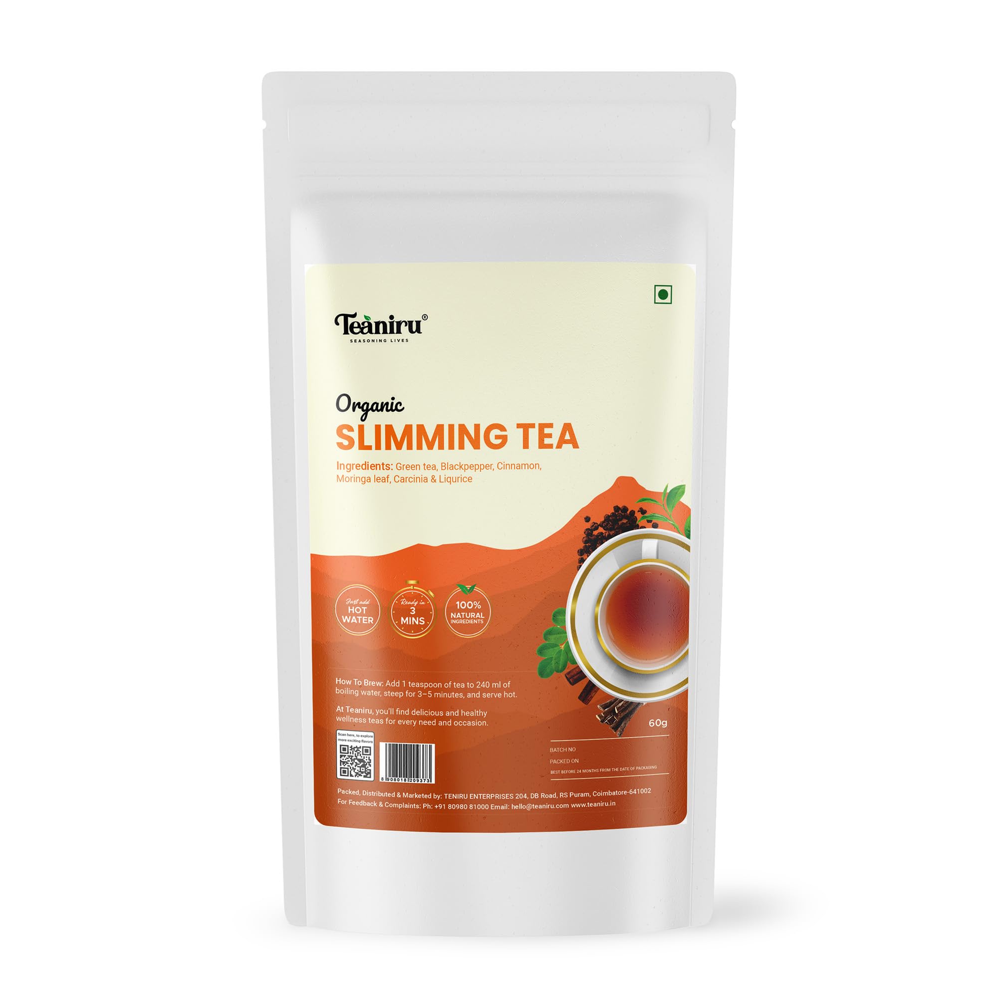 Teaniru, Slimming Tea – 60g Loose Leaf | Natural Herbal Tea for Weight Management, Boost Metabolism & Digestion | Blend with Green tea, Blackpepper, Cinnamon, Garcinia, Liquorice