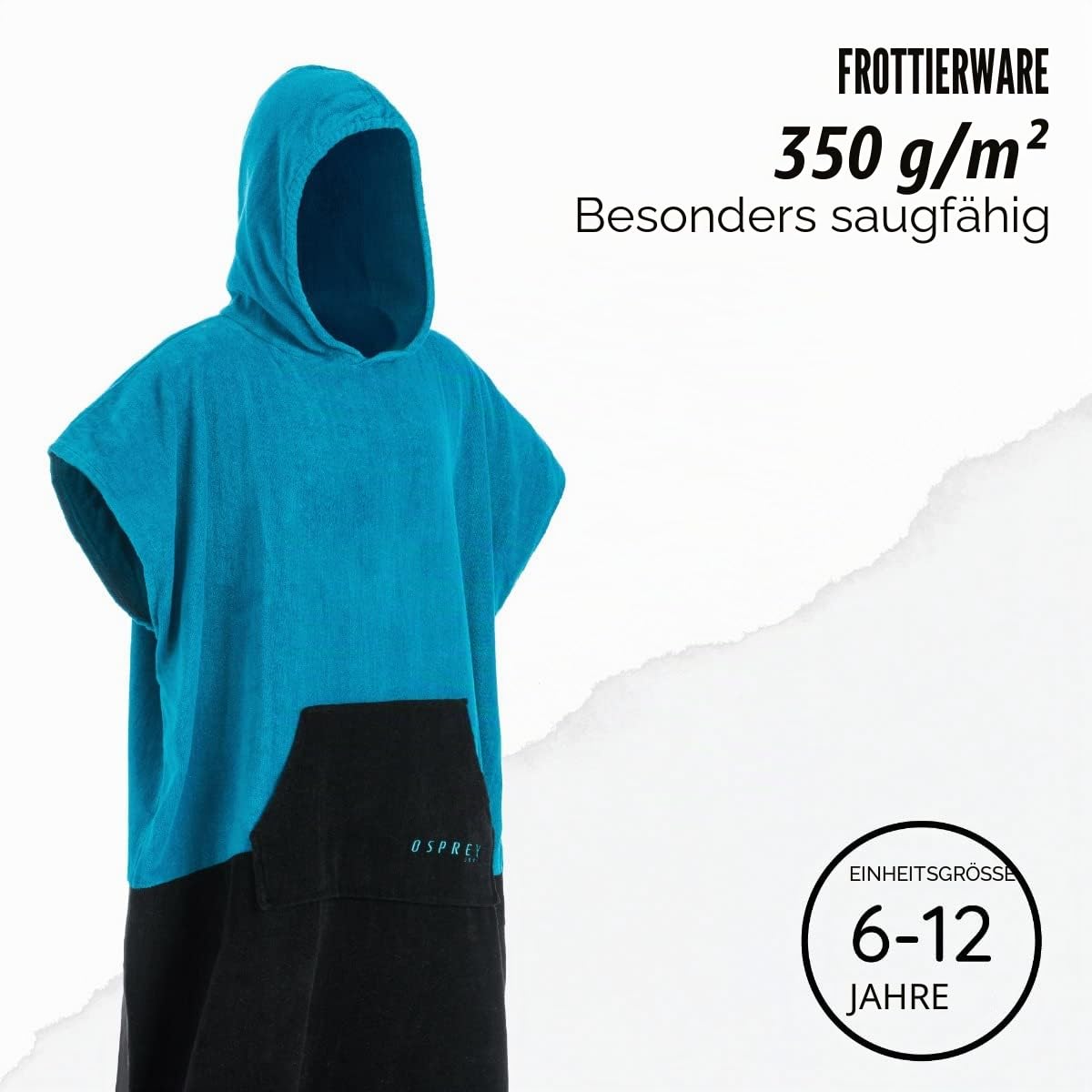 Osprey Kinder-Poncho-Handtuch mit Kapuze, Strand-Wickelmantel für Jungen und Mädchen im Alter von 6–12 Jahren, Surfen, Schwimmen, Paddelboarding, Poncho mit wasserdichtem Sitzschutz und verstaubarem