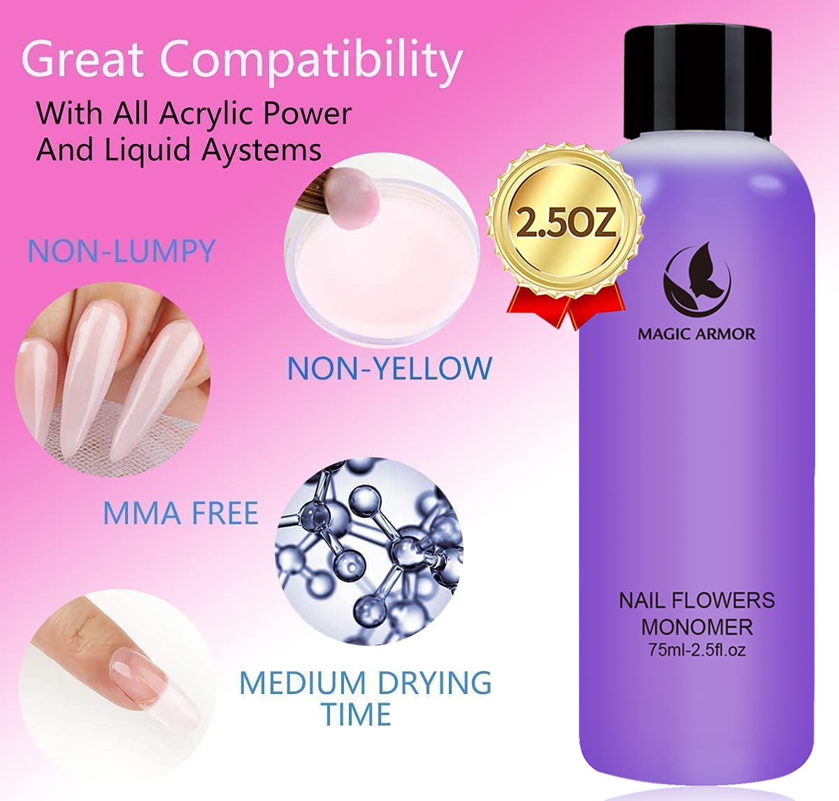 MAGIC ARMOR Monomer akrylowy płyn do paznokci - 2 x 75 ml profesjonalny system przedłużania paznokci akrylowy czas szybkiego schnięcia