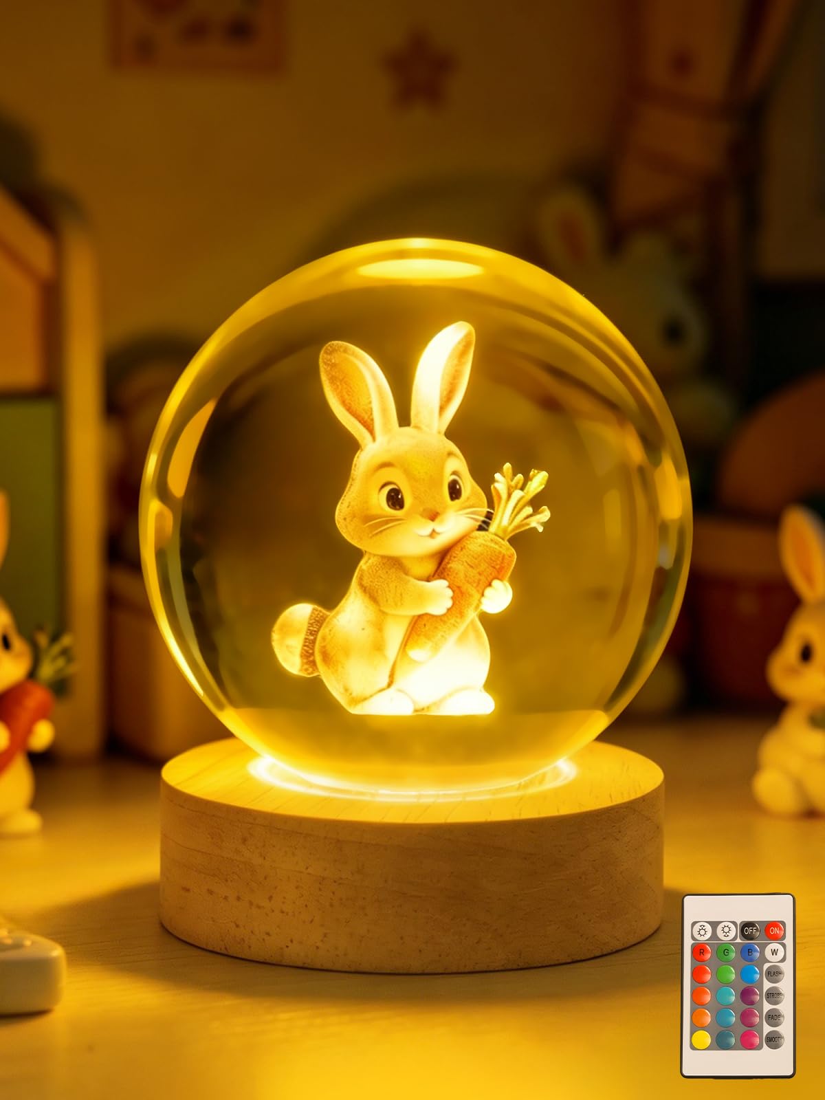 Ammonite Bunny Rabbit Crystal Ball Night Light, 16 Colors Remote & USB