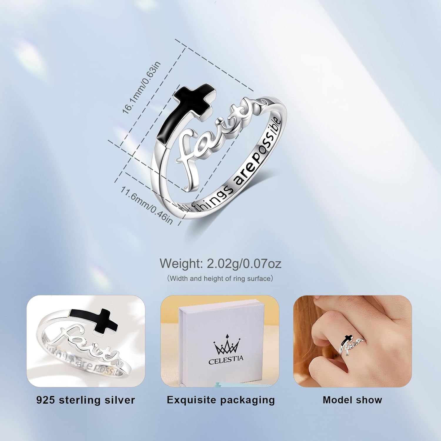 CELESTIA Faith Ring,Cross Rings Sterling Silver Christian Jewelry Mothers Day Gifts for Women Mom Girlfriend - Image 5
