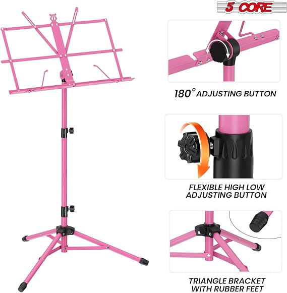 5 CORE Music Stand Height Adjustable Desktop Book Stands Portable Sheet Holder All Metal Bookstand Foldable Atril Para Partituras with Carrying Bag and Clip Pink - MUS FLD PNK