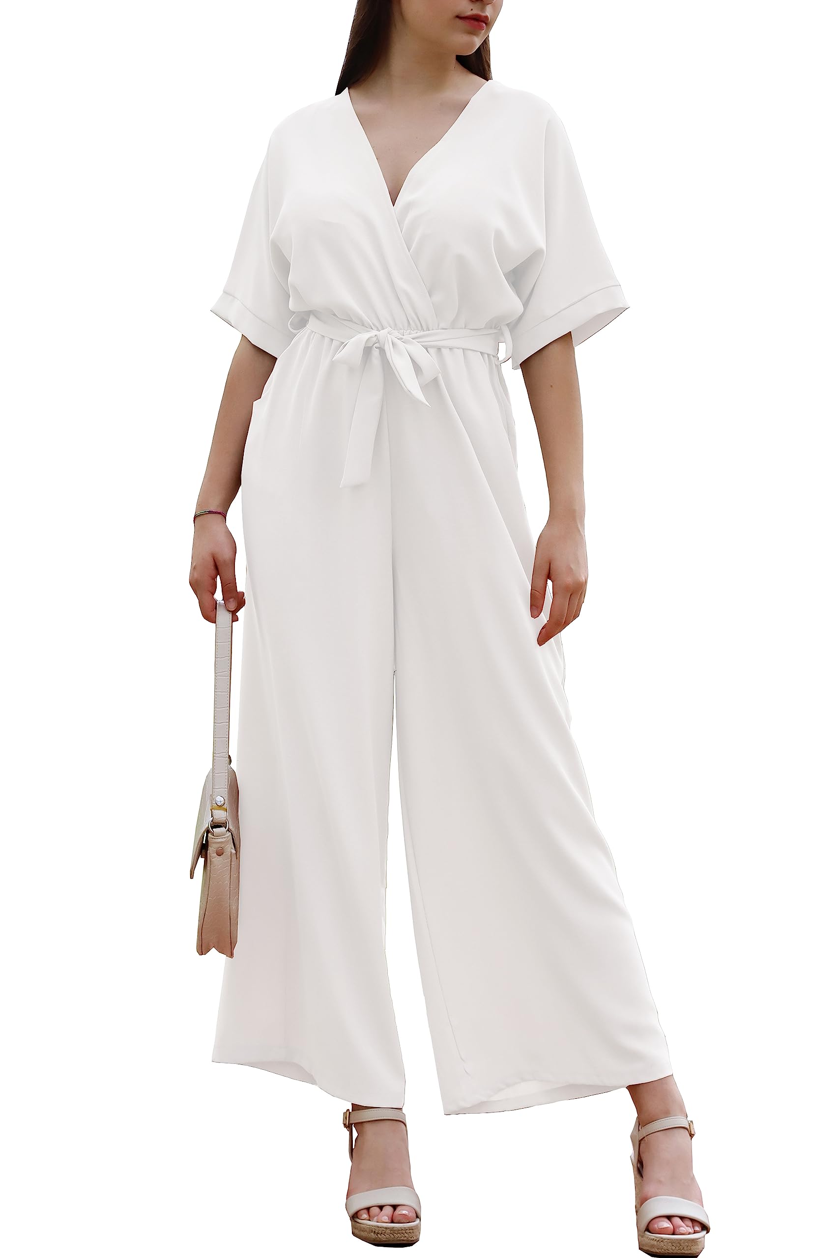 Laphilo De las mujeres largo con cuello en v pierna ancha mono con Casual elegante cinturón de verano cod.7213