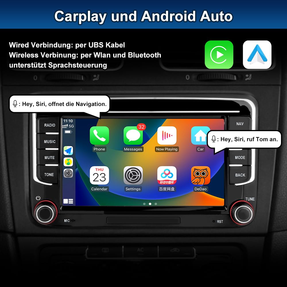 Junsun Android Autoradio für Volkswagen, Golf 5, Golf 6, Seat, Skoda 2GB+64GB with 7 Zoll Touchscreen CarPlay, Android Auto, Bluetooth Navigtion Lenkradsteuerung